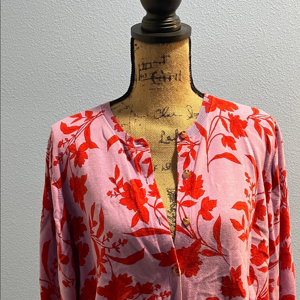 Ann Taylor Red and Pink Floral Cardigan